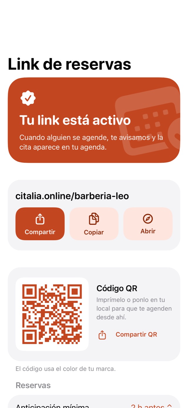 Link de reservas activo, con código QR