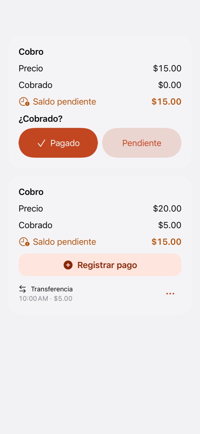 Cobro de una cita: pagado o pendiente, con saldo